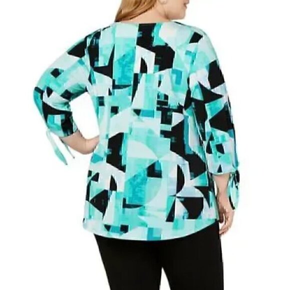 ALFANI Printed Tie Sleeve Blouse Pink Purple Geometric 3/4 Sleeve PETITE Medium - Picture 5 of 15